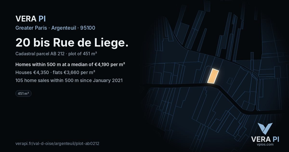 20 bis Rue de Liege, Argenteuil at night – the plot lit, the parcels around coloured by the prices near them