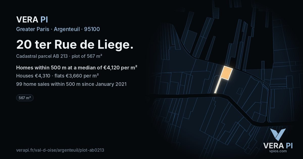 20 ter Rue de Liege, Argenteuil at night – the plot lit, the parcels around coloured by the prices near them