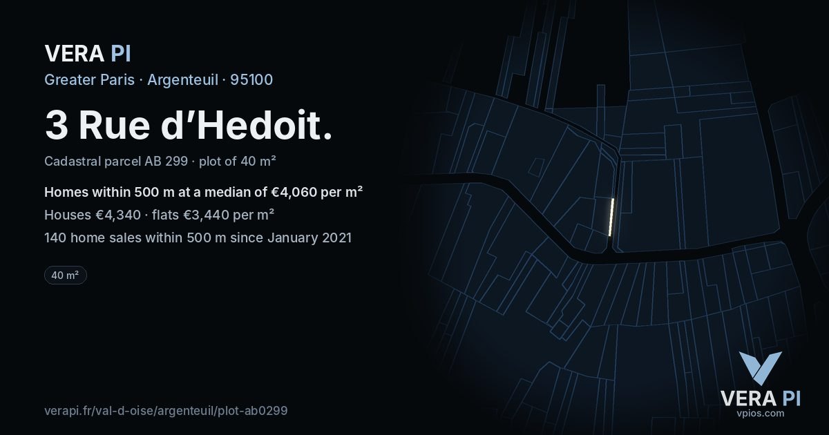 3 Rue d’Hedoit, Argenteuil at night – the plot lit, the parcels around coloured by the prices near them