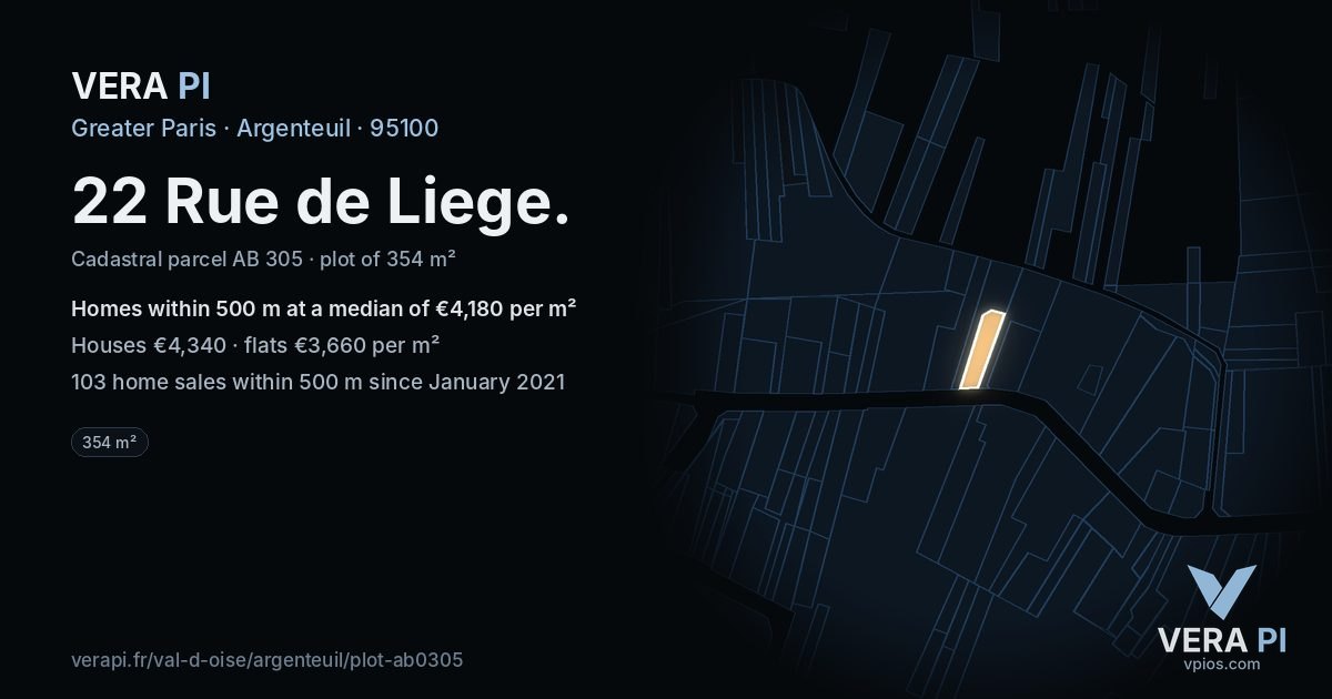 22 Rue de Liege, Argenteuil at night – the plot lit, the parcels around coloured by the prices near them
