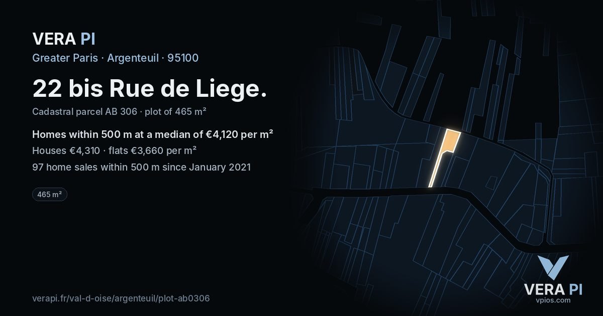 22 bis Rue de Liege, Argenteuil at night – the plot lit, the parcels around coloured by the prices near them