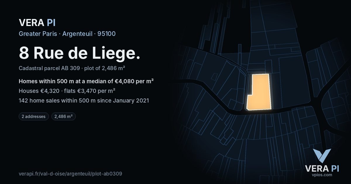 8 Rue de Liege, Argenteuil at night – the plot lit, the parcels around coloured by the prices near them