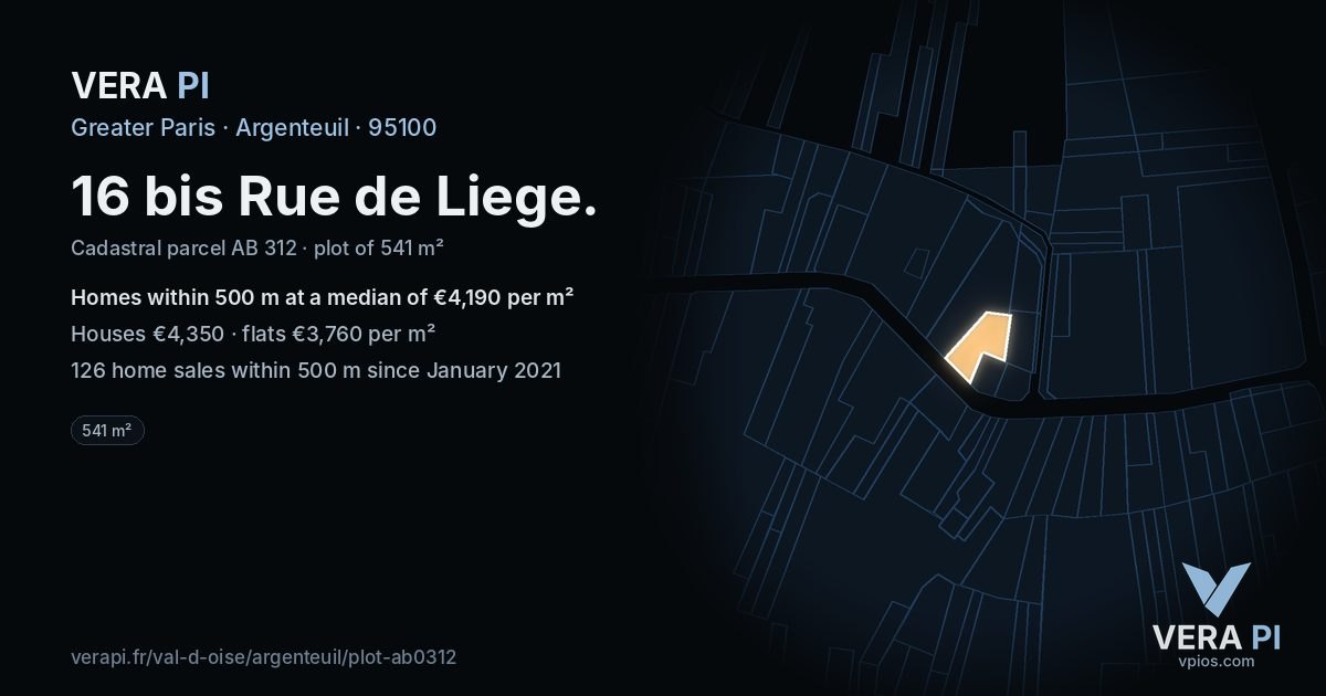 16 bis Rue de Liege, Argenteuil at night – the plot lit, the parcels around coloured by the prices near them