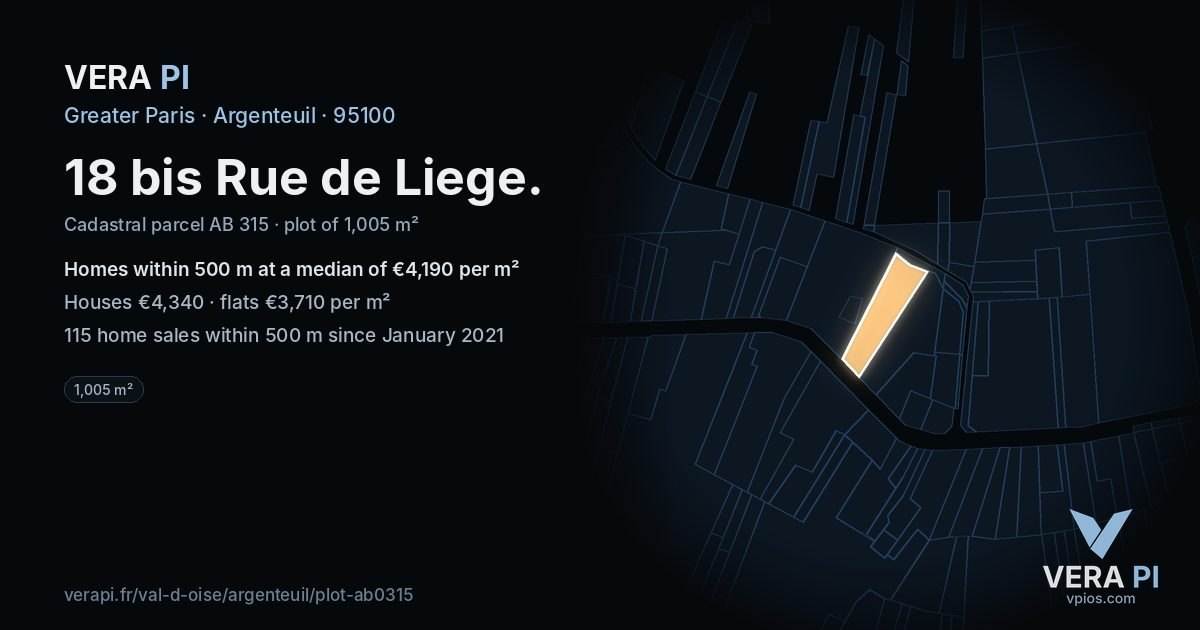 18 bis Rue de Liege, Argenteuil at night – the plot lit, the parcels around coloured by the prices near them