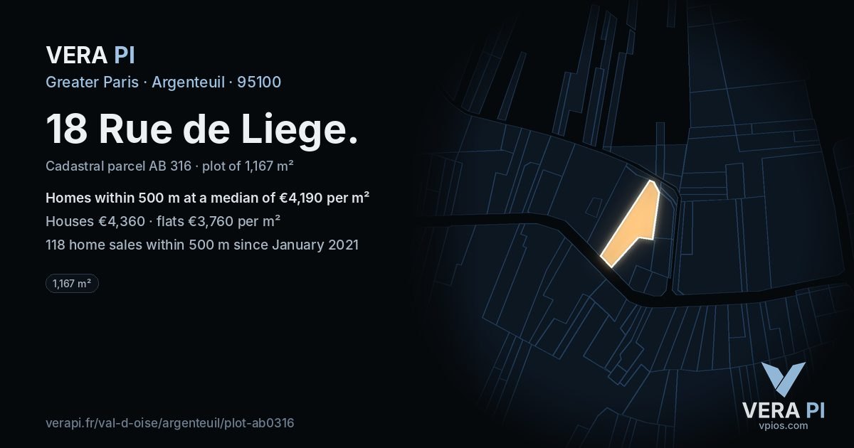18 Rue de Liege, Argenteuil at night – the plot lit, the parcels around coloured by the prices near them
