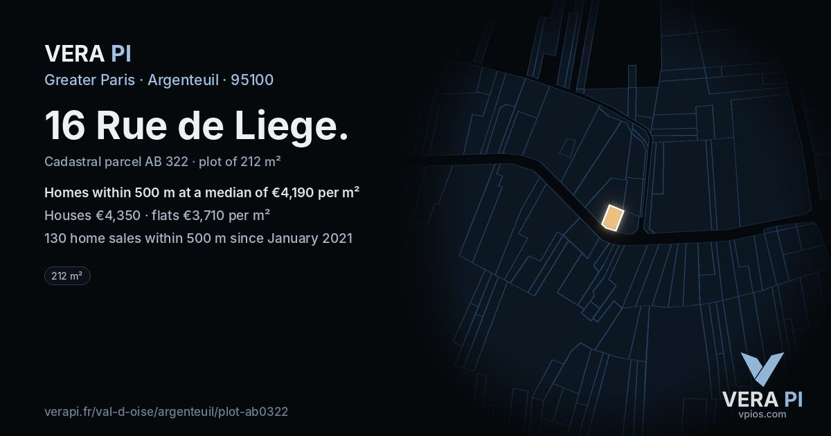 16 Rue de Liege, Argenteuil at night – the plot lit, the parcels around coloured by the prices near them