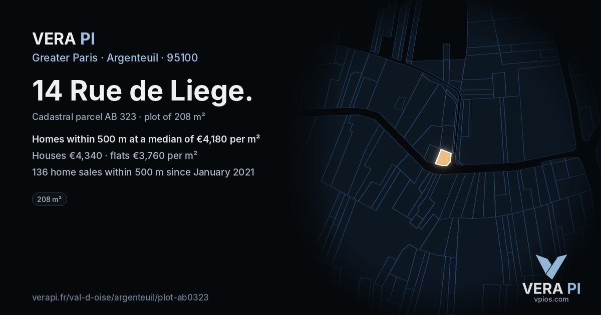 14 Rue de Liege, Argenteuil at night – the plot lit, the parcels around coloured by the prices near them