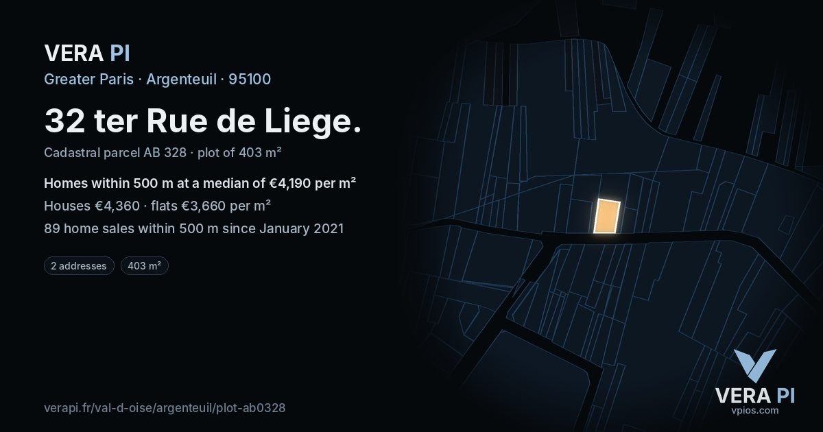 32 ter Rue de Liege, Argenteuil at night – the plot lit, the parcels around coloured by the prices near them