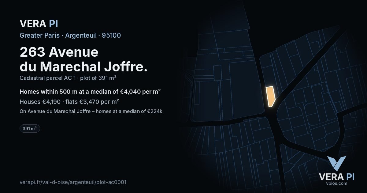 263 Avenue du Marechal Joffre, Argenteuil at night – the plot lit, the parcels around coloured by the prices near them