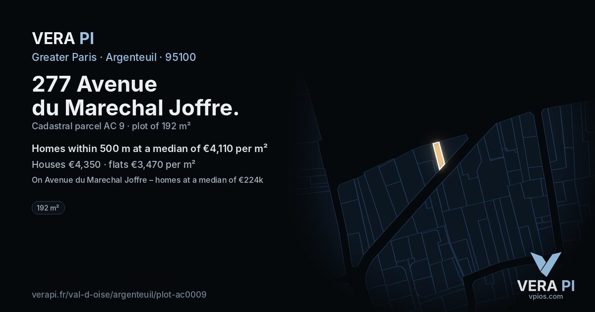 277 Avenue du Marechal Joffre, Argenteuil at night – the plot lit, the parcels around coloured by the prices near them