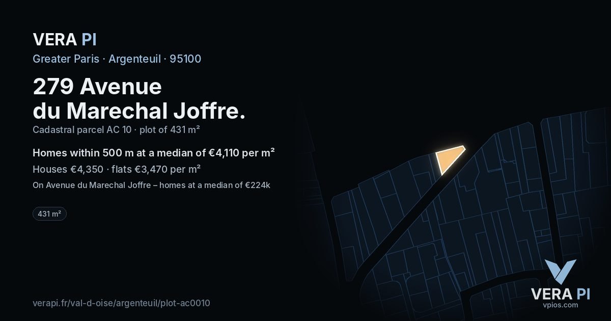 279 Avenue du Marechal Joffre, Argenteuil at night – the plot lit, the parcels around coloured by the prices near them