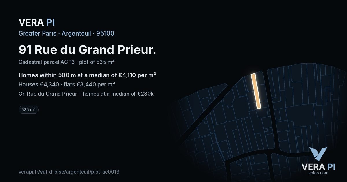 91 Rue du Grand Prieur, Argenteuil at night – the plot lit, the parcels around coloured by the prices near them