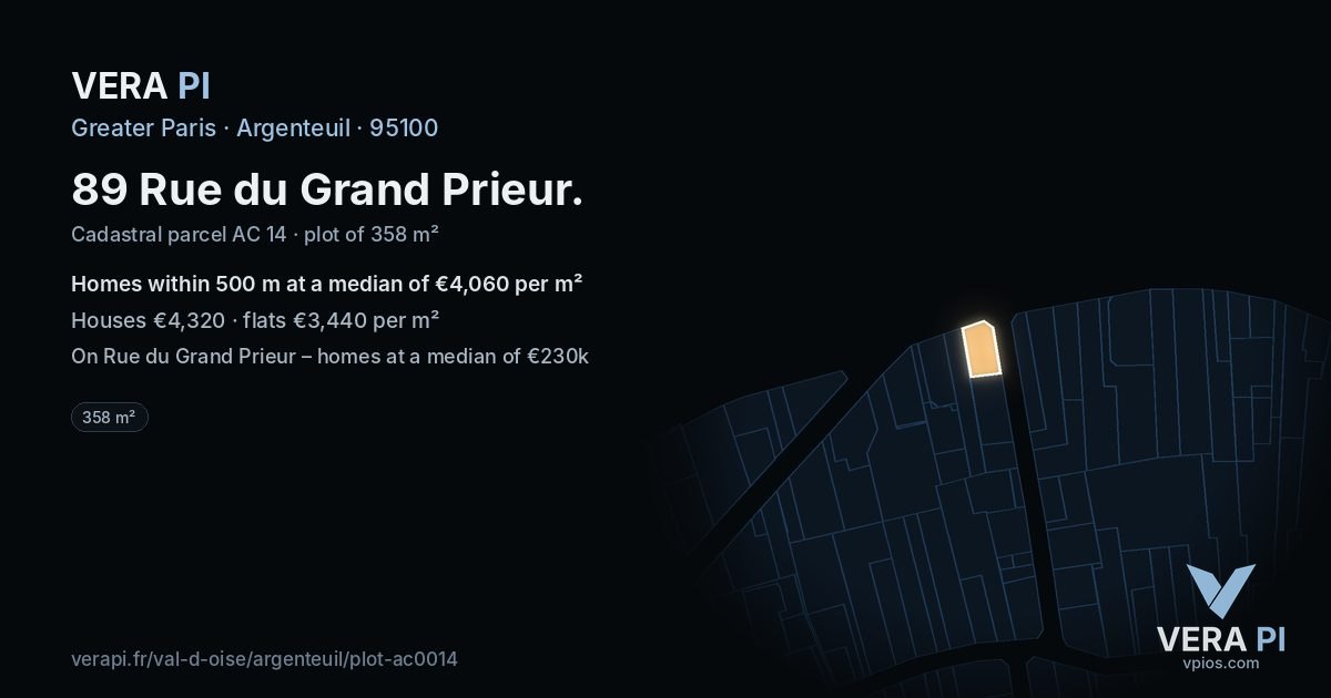 89 Rue du Grand Prieur, Argenteuil at night – the plot lit, the parcels around coloured by the prices near them
