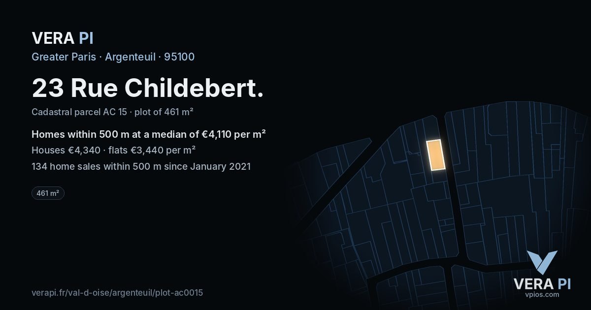 23 Rue Childebert, Argenteuil at night – the plot lit, the parcels around coloured by the prices near them