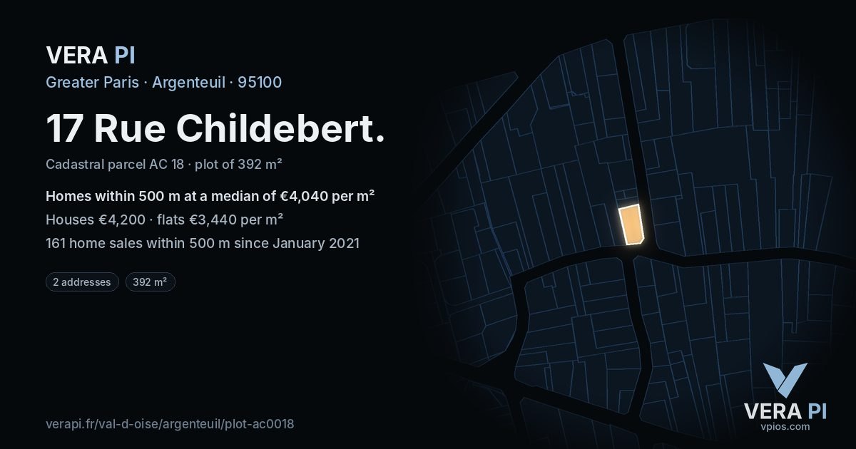 17 Rue Childebert, Argenteuil at night – the plot lit, the parcels around coloured by the prices near them