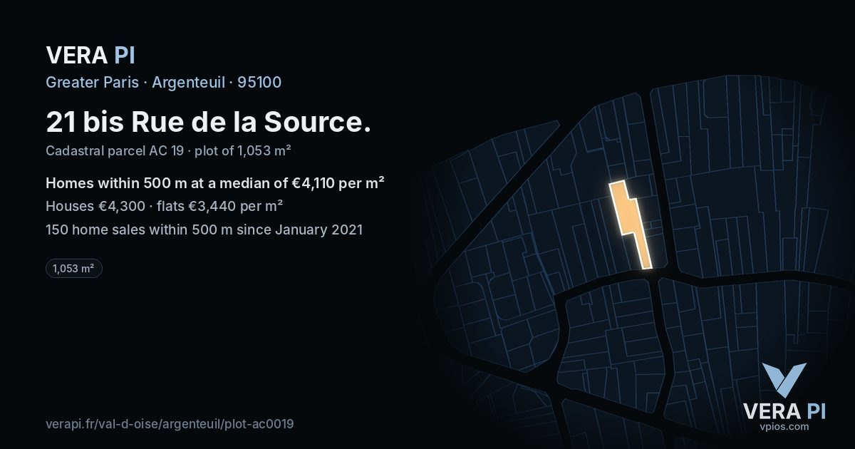 21 bis Rue de la Source, Argenteuil at night – the plot lit, the parcels around coloured by the prices near them
