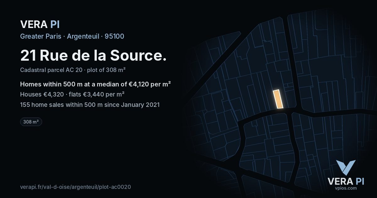 21 Rue de la Source, Argenteuil at night – the plot lit, the parcels around coloured by the prices near them