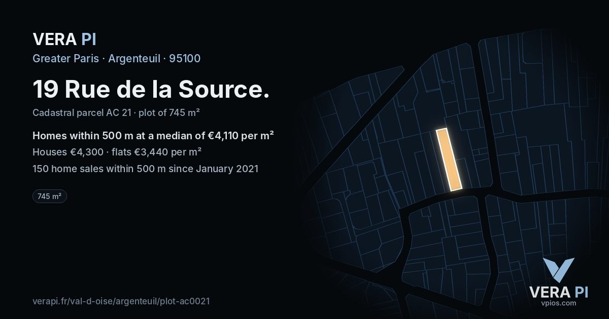 19 Rue de la Source, Argenteuil at night – the plot lit, the parcels around coloured by the prices near them