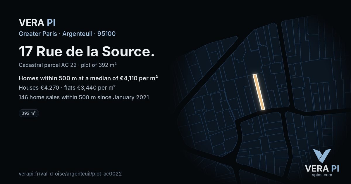 17 Rue de la Source, Argenteuil at night – the plot lit, the parcels around coloured by the prices near them