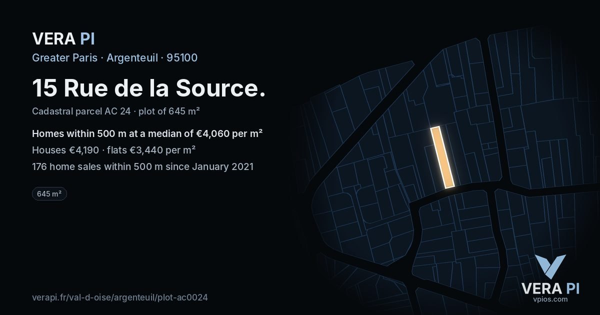 15 Rue de la Source, Argenteuil at night – the plot lit, the parcels around coloured by the prices near them