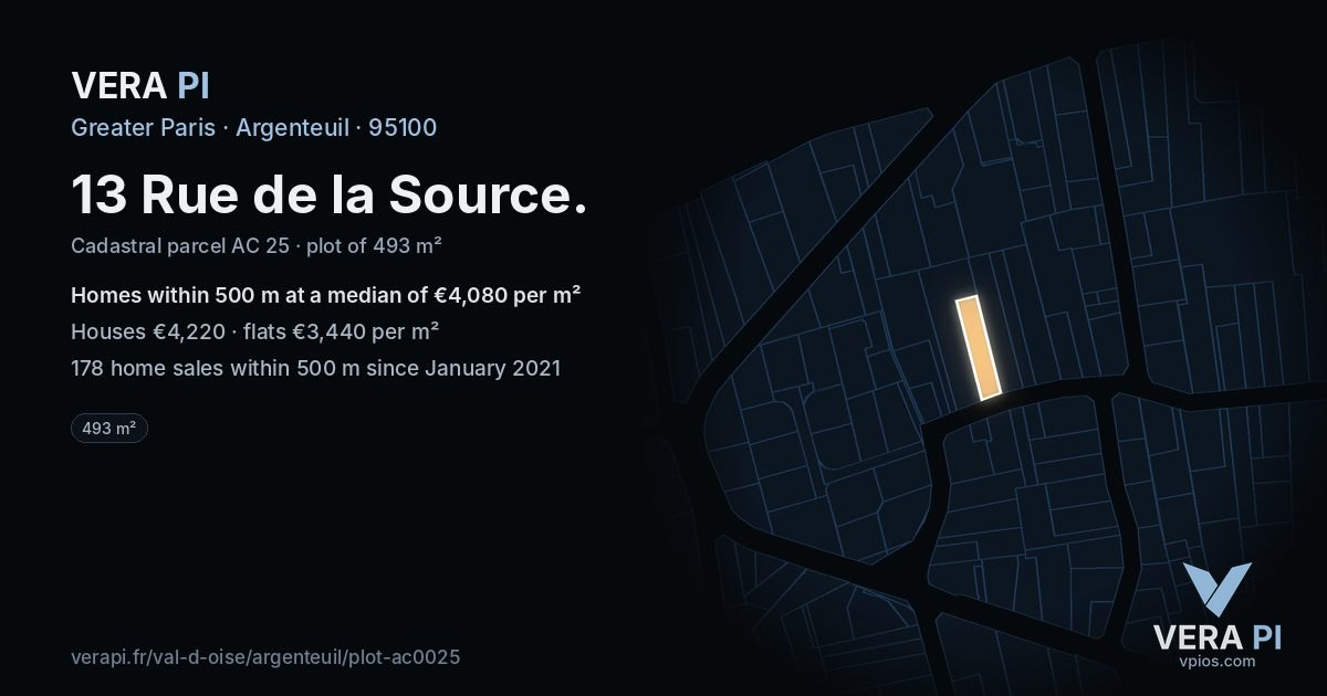13 Rue de la Source, Argenteuil at night – the plot lit, the parcels around coloured by the prices near them