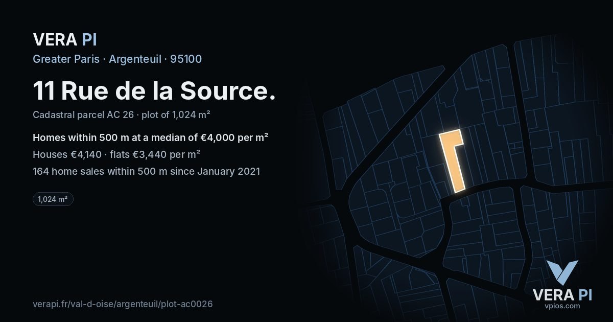 11 Rue de la Source, Argenteuil at night – the plot lit, the parcels around coloured by the prices near them