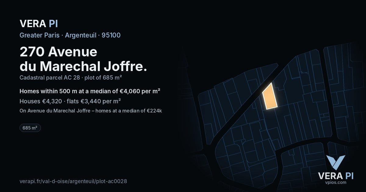 270 Avenue du Marechal Joffre, Argenteuil at night – the plot lit, the parcels around coloured by the prices near them