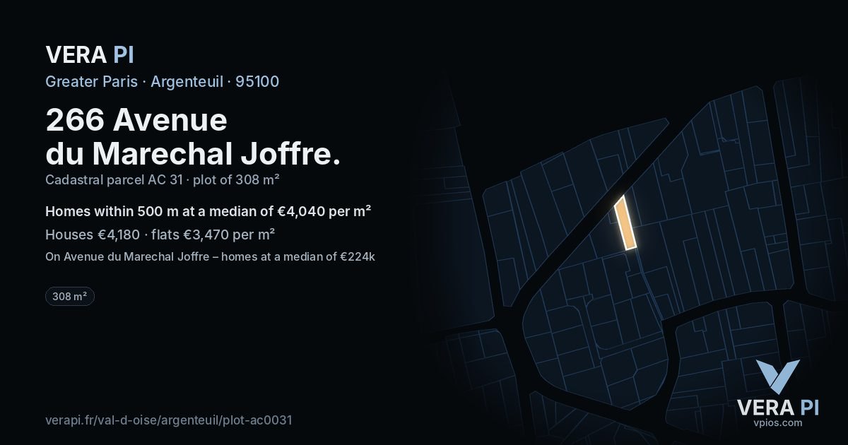 266 Avenue du Marechal Joffre, Argenteuil at night – the plot lit, the parcels around coloured by the prices near them