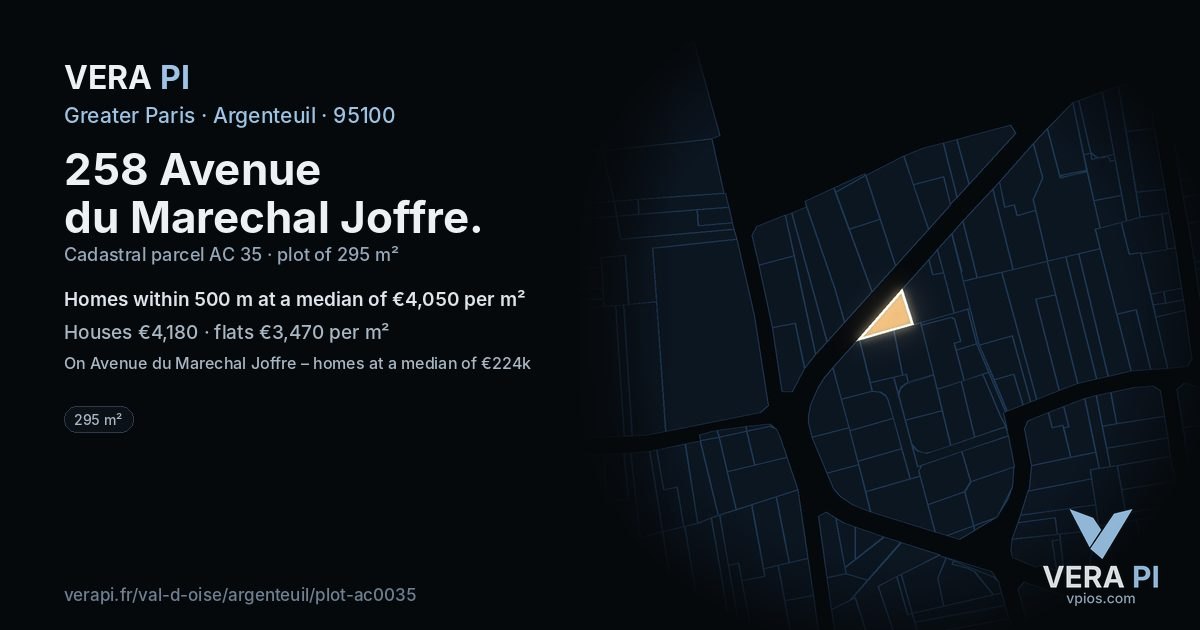 258 Avenue du Marechal Joffre, Argenteuil at night – the plot lit, the parcels around coloured by the prices near them