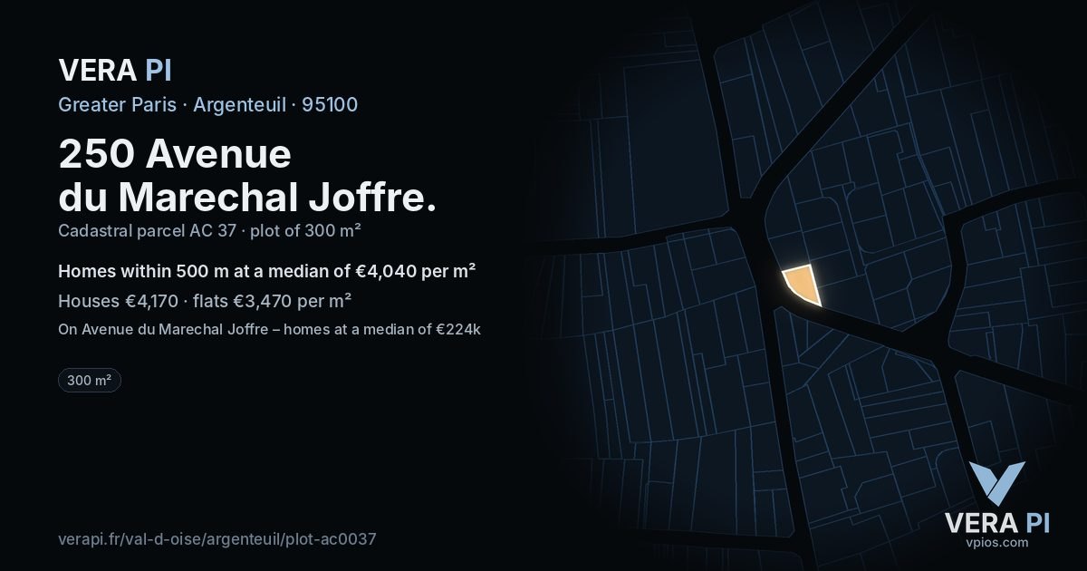 250 Avenue du Marechal Joffre, Argenteuil at night – the plot lit, the parcels around coloured by the prices near them