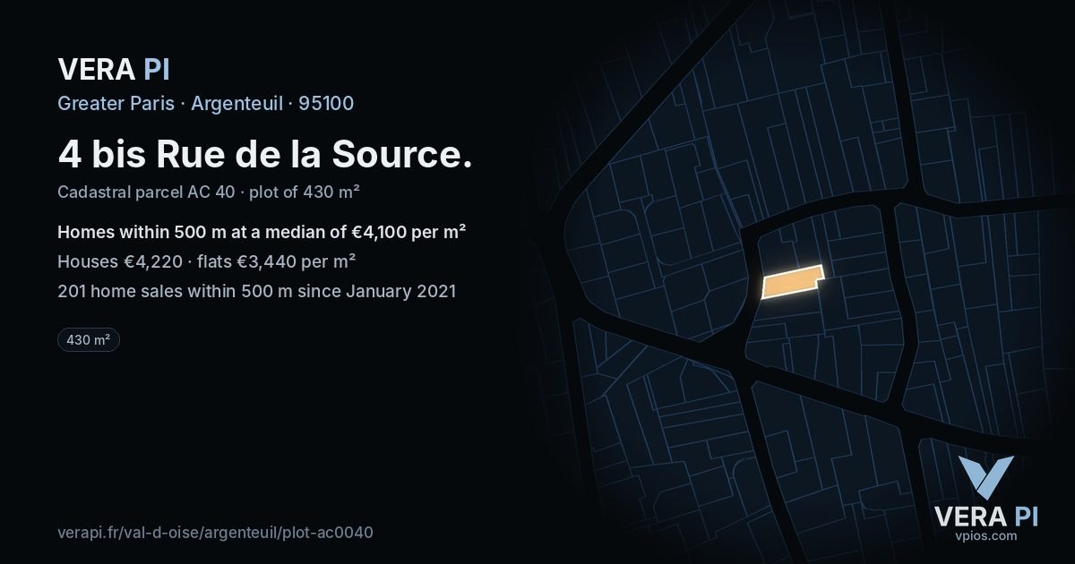 4 bis Rue de la Source, Argenteuil at night – the plot lit, the parcels around coloured by the prices near them
