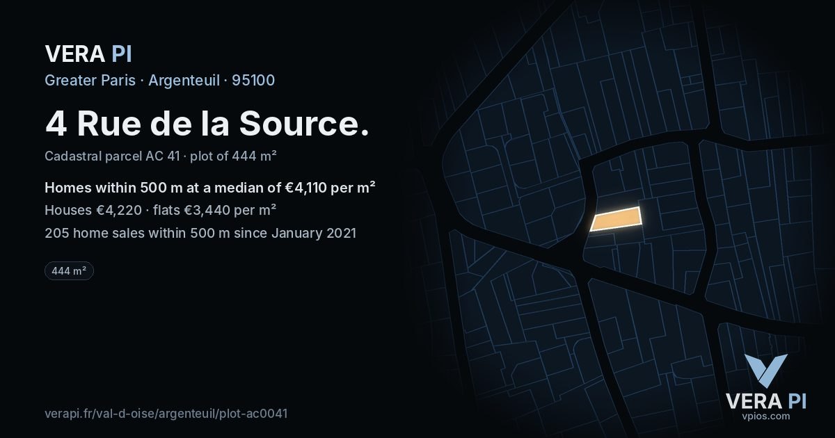 4 Rue de la Source, Argenteuil at night – the plot lit, the parcels around coloured by the prices near them