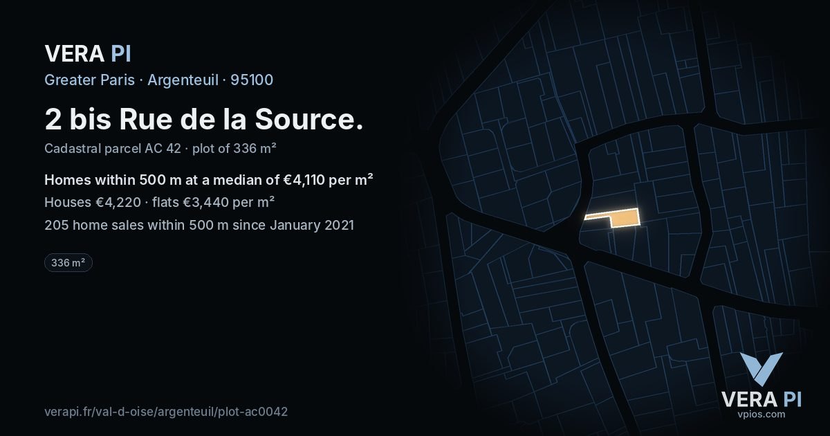 2 bis Rue de la Source, Argenteuil at night – the plot lit, the parcels around coloured by the prices near them