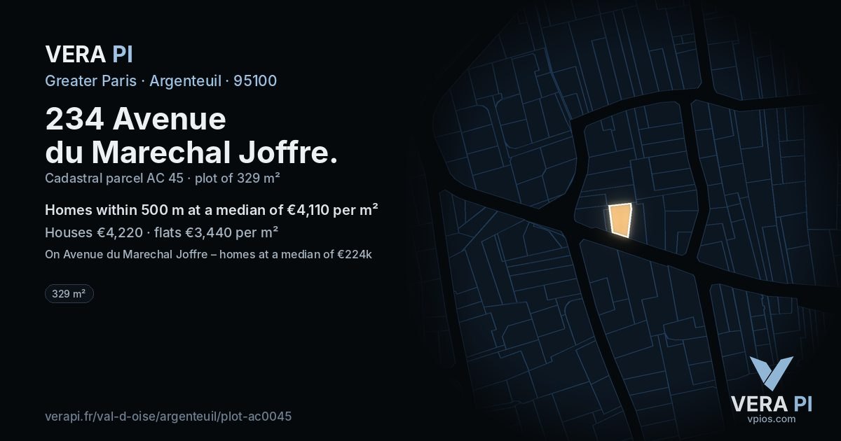 234 Avenue du Marechal Joffre, Argenteuil at night – the plot lit, the parcels around coloured by the prices near them
