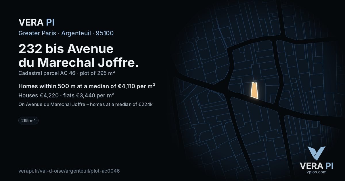 232 bis Avenue du Marechal Joffre, Argenteuil at night – the plot lit, the parcels around coloured by the prices near them