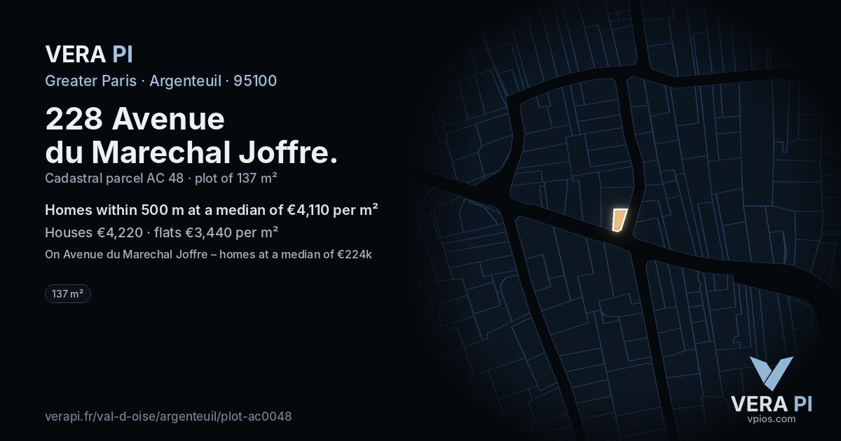 228 Avenue du Marechal Joffre, Argenteuil at night – the plot lit, the parcels around coloured by the prices near them