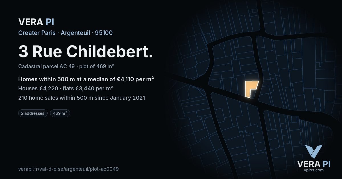 3 Rue Childebert, Argenteuil at night – the plot lit, the parcels around coloured by the prices near them