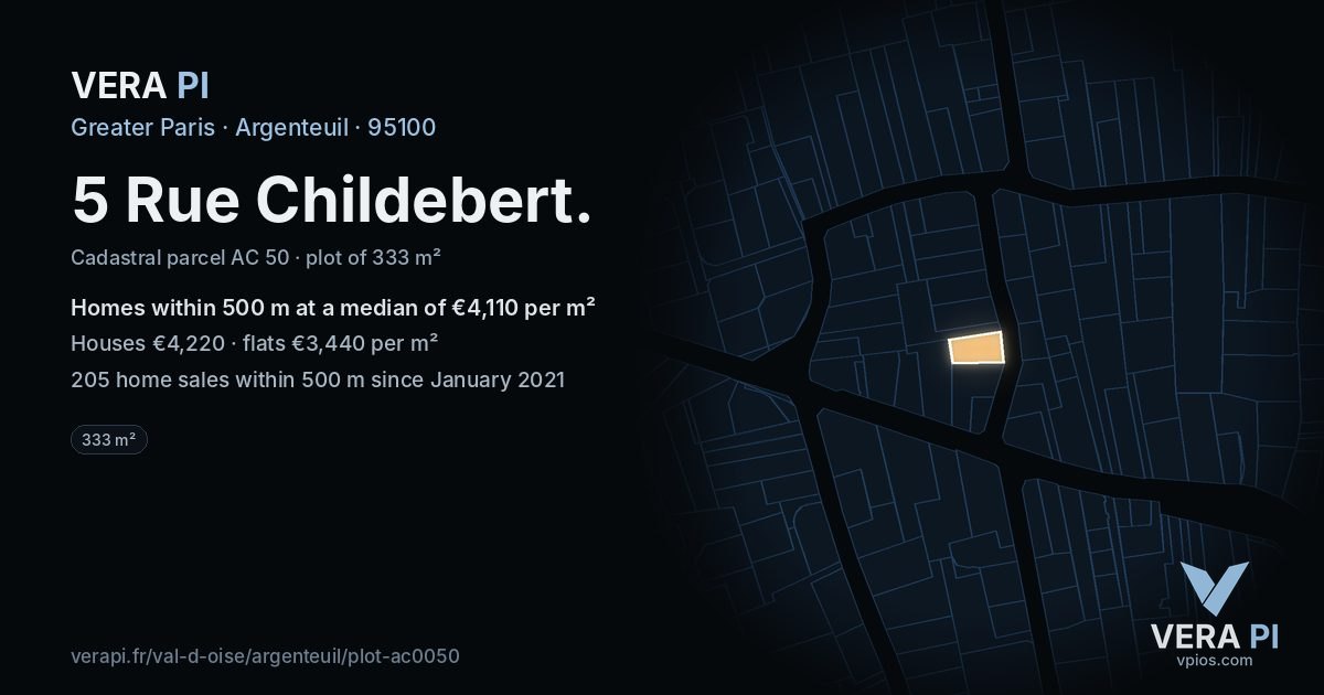 5 Rue Childebert, Argenteuil at night – the plot lit, the parcels around coloured by the prices near them