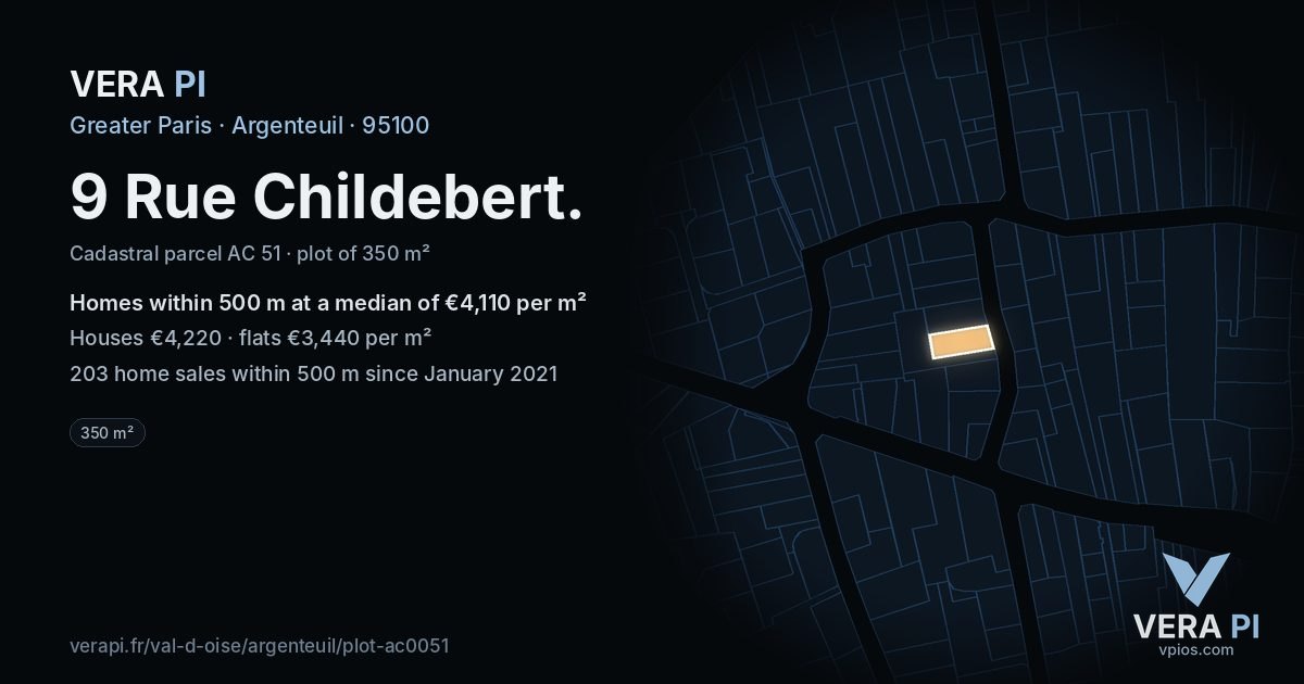 9 Rue Childebert, Argenteuil at night – the plot lit, the parcels around coloured by the prices near them