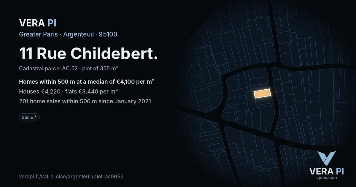 11 Rue Childebert, Argenteuil at night – the plot lit, the parcels around coloured by the prices near them
