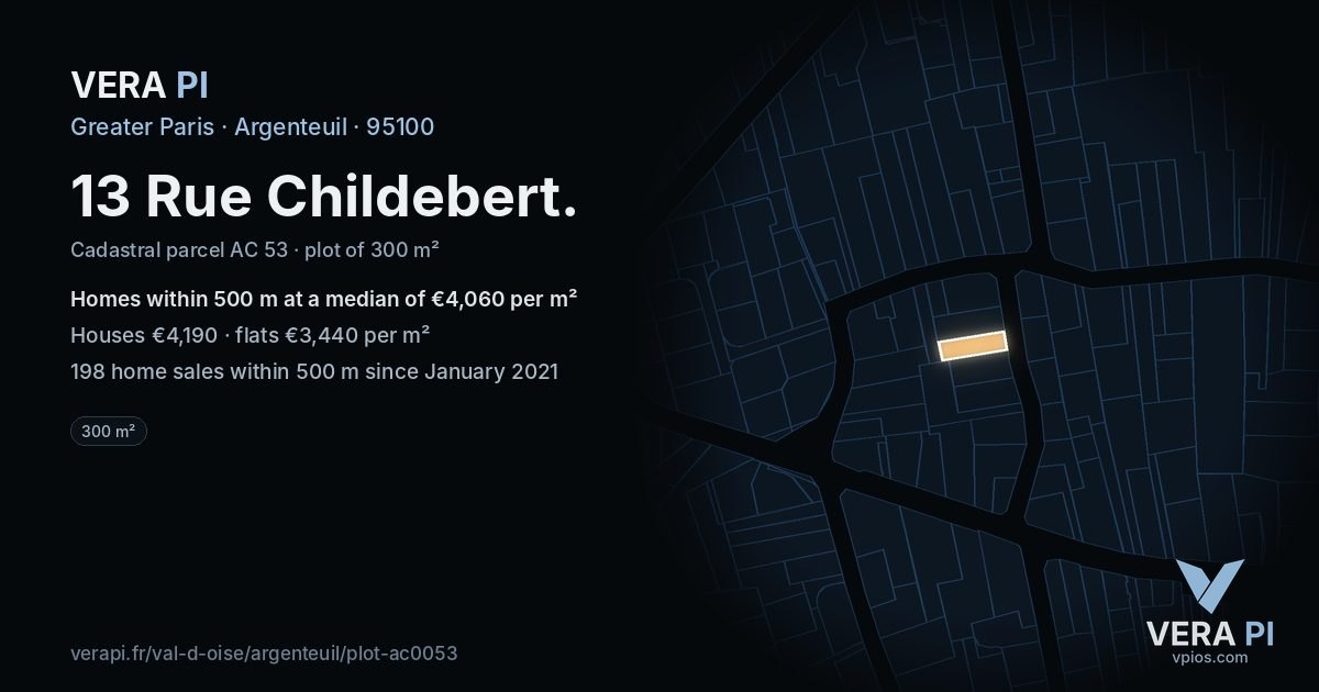 13 Rue Childebert, Argenteuil at night – the plot lit, the parcels around coloured by the prices near them