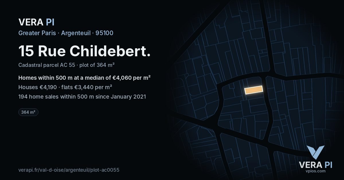 15 Rue Childebert, Argenteuil at night – the plot lit, the parcels around coloured by the prices near them