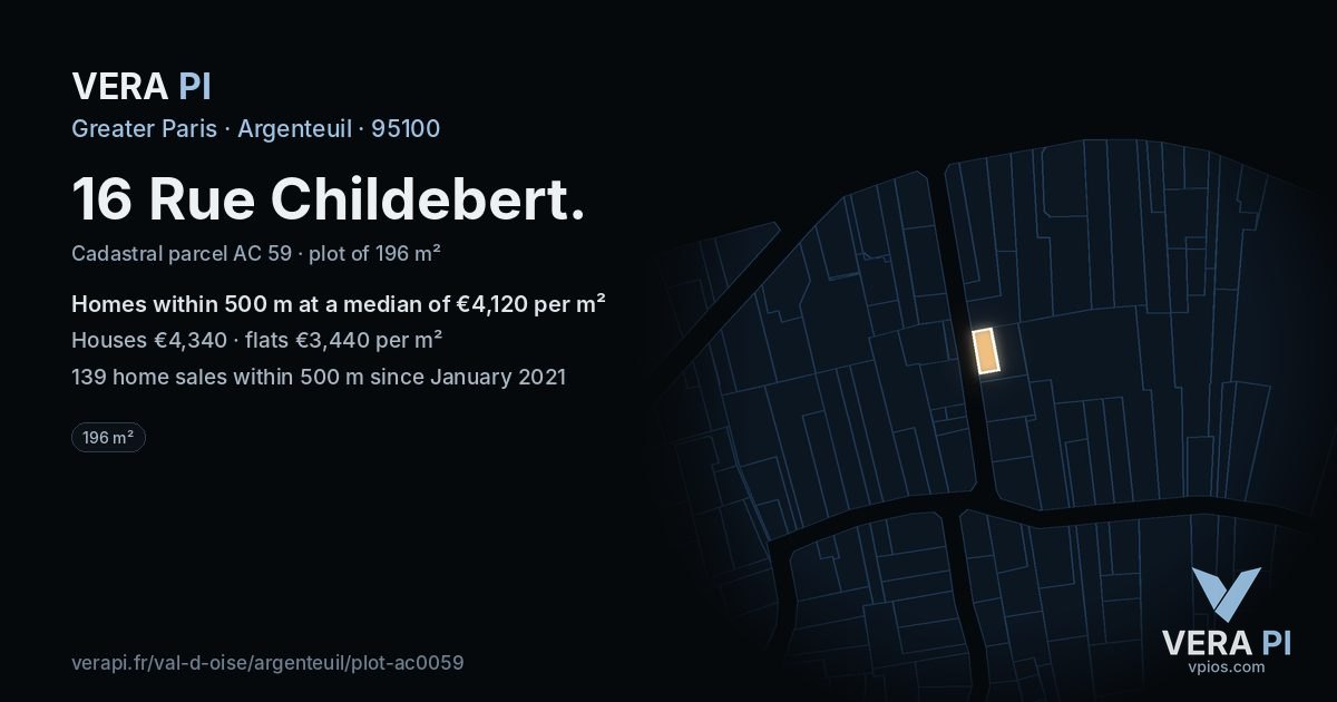 16 Rue Childebert, Argenteuil at night – the plot lit, the parcels around coloured by the prices near them