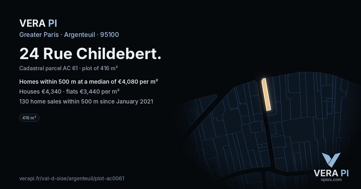 24 Rue Childebert, Argenteuil at night – the plot lit, the parcels around coloured by the prices near them