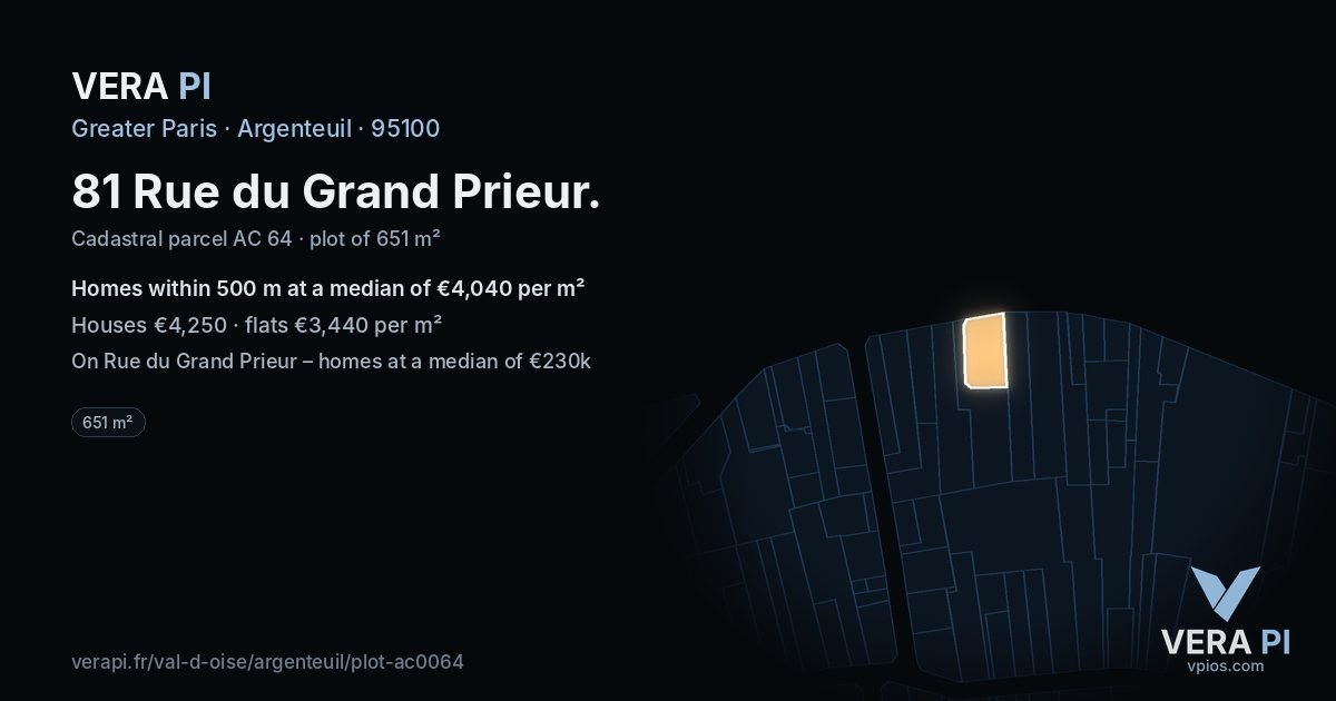 81 Rue du Grand Prieur, Argenteuil at night – the plot lit, the parcels around coloured by the prices near them