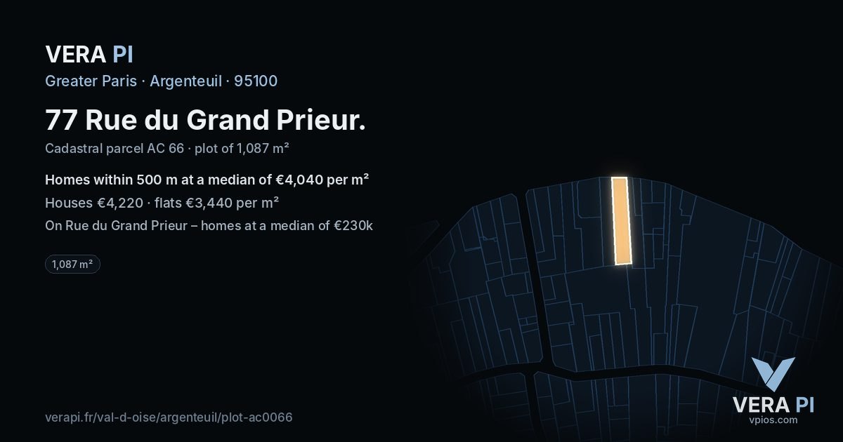 77 Rue du Grand Prieur, Argenteuil at night – the plot lit, the parcels around coloured by the prices near them