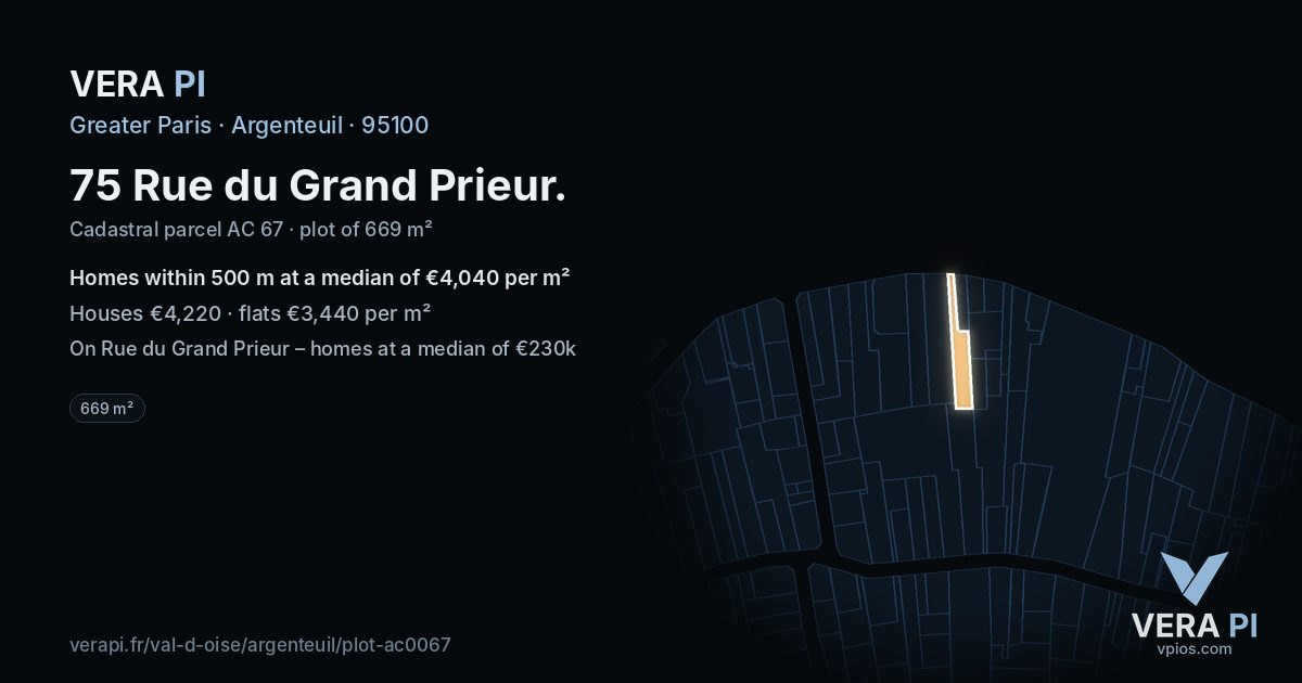 75 Rue du Grand Prieur, Argenteuil at night – the plot lit, the parcels around coloured by the prices near them