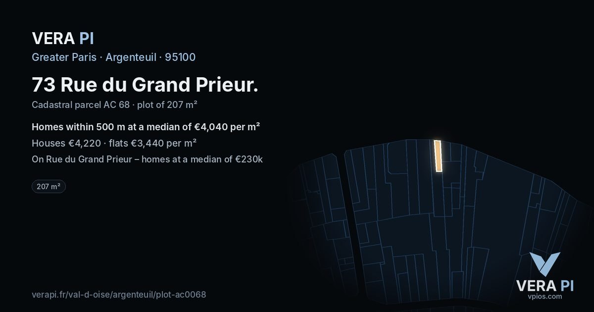 73 Rue du Grand Prieur, Argenteuil at night – the plot lit, the parcels around coloured by the prices near them