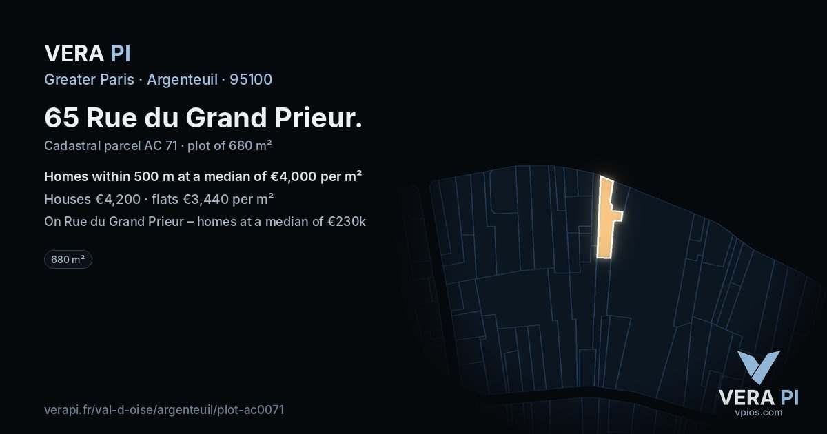 65 Rue du Grand Prieur, Argenteuil at night – the plot lit, the parcels around coloured by the prices near them