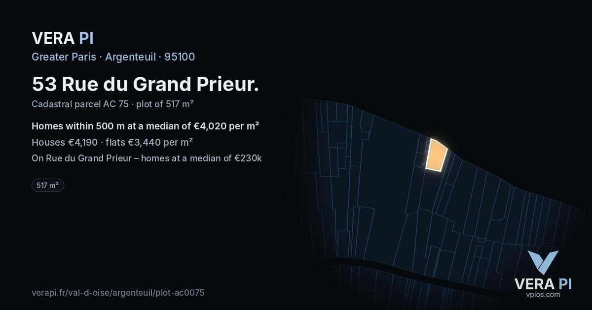 53 Rue du Grand Prieur, Argenteuil at night – the plot lit, the parcels around coloured by the prices near them